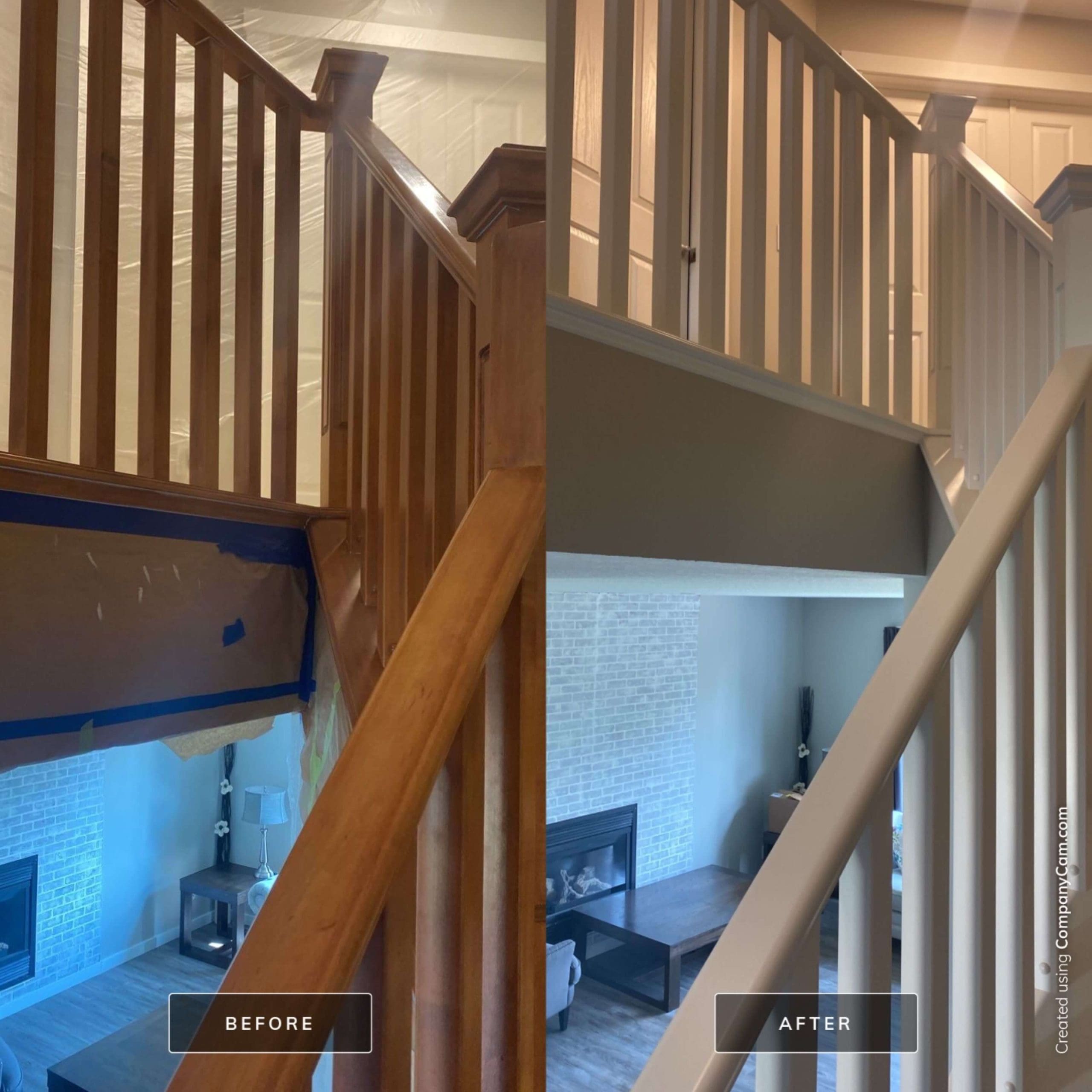 Modern white painted banister rail before and after Okotoks