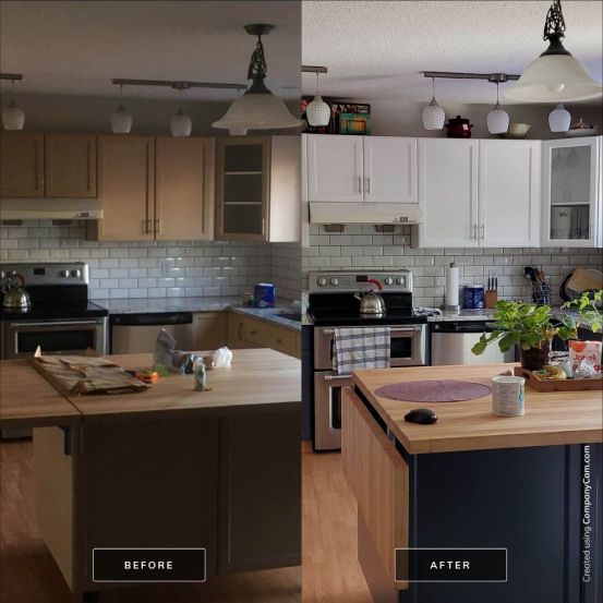 Natural wood to white and navy blue painted cabinets before and after